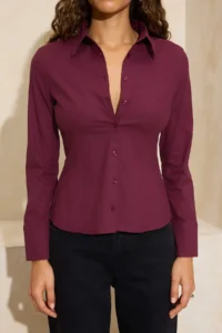 TRENDYOLMİLLA Wardrobe Essentials Plum Hafif Waist Fitting Cotton Weaving Shirt - Image 3