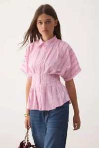 TRENDYOLMİLLA PINK-Multicolored Waist Fitting Striped Shirt
