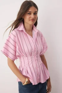 TRENDYOLMİLLA PINK-Multicolored Waist Fitting Striped Shirt - Image 2