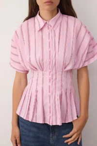 TRENDYOLMİLLA PINK-Multicolored Waist Fitting Striped Shirt - Image 3