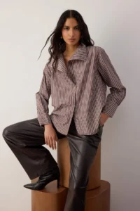TRENDYOLMİLLA Special Collection Brown-Multicolored Collar Detailed Drop Shoulder Shirt