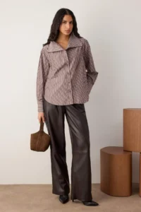 TRENDYOLMİLLA Special Collection Brown-Multicolored Collar Detailed Drop Shoulder Shirt - Image 2