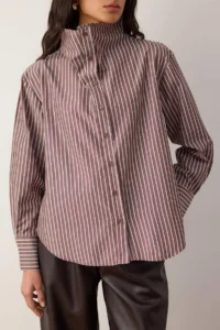 TRENDYOLMİLLA Special Collection Brown-Multicolored Collar Detailed Drop Shoulder Shirt - Image 3