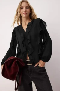 TRENDYOLMİLLA Black with flywheel Boho Semi-Transparent Shirt