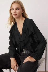 TRENDYOLMİLLA Black with flywheel Boho Semi-Transparent Shirt - Image 2