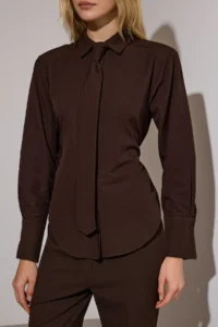 TRENDYOLMİLLA Brown Limited Edition Kravat Detailed Fitted  Shirt - Image 4