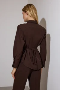 TRENDYOLMİLLA Brown Limited Edition Kravat Detailed Fitted  Shirt - Image 5