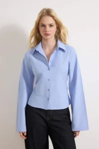 TRENDYOLMİLLA Light BLUE Corset Detailed Waist Fitting Shirt - Image 6