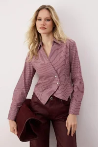 TRENDYOLMİLLA Burgundy-Multicolored Striped Silver Button Detailed Shirt