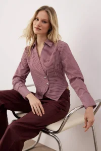 TRENDYOLMİLLA Burgundy-Multicolored Striped Silver Button Detailed Shirt - Image 2