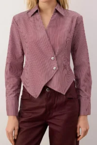 TRENDYOLMİLLA Burgundy-Multicolored Striped Silver Button Detailed Shirt - Image 3