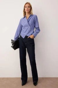 TRENDYOLMİLLA NAVY BLUE Striped Silver Button Detailed Shirt