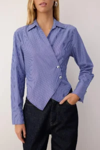 TRENDYOLMİLLA NAVY BLUE Striped Silver Button Detailed Shirt - Image 3