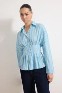 TRENDYOLMİLLA BLUE-Multicolored Striped Lycra Waist Fitting Shirt - Image 2