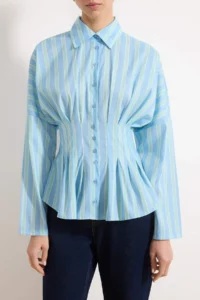 TRENDYOLMİLLA BLUE-Multicolored Striped Lycra Waist Fitting Shirt - Image 3
