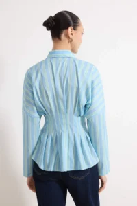 TRENDYOLMİLLA BLUE-Multicolored Striped Lycra Waist Fitting Shirt - Image 4