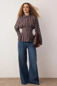 TRENDYOLMİLLA Brown-Multicolored Striped Lycra Waist Fitting Shirt - Image 2