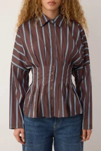 TRENDYOLMİLLA Brown-Multicolored Striped Lycra Waist Fitting Shirt - Image 3