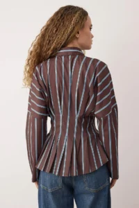 TRENDYOLMİLLA Brown-Multicolored Striped Lycra Waist Fitting Shirt - Image 4