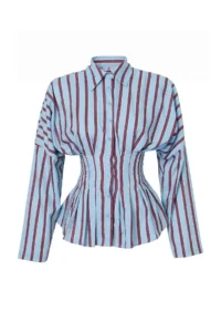 TRENDYOLMİLLA Dark Brown-Multicolored Striped Lycra Waist Fitting Shirt