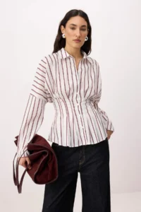 TRENDYOLMİLLA WHITE-Multicolored Striped Lycra Waist Fitting Shirt