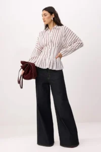 TRENDYOLMİLLA WHITE-Multicolored Striped Lycra Waist Fitting Shirt - Image 2