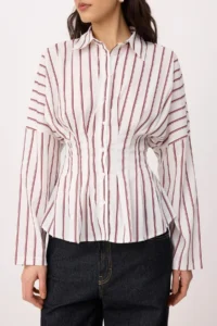 TRENDYOLMİLLA WHITE-Multicolored Striped Lycra Waist Fitting Shirt - Image 3