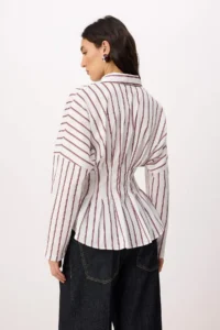 TRENDYOLMİLLA WHITE-Multicolored Striped Lycra Waist Fitting Shirt - Image 4
