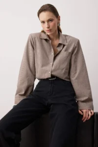 TRENDYOLMİLLA Beige-Multicolored Checkered padded Wide Cuffed Oversized Shirt