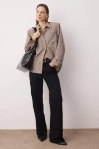 TRENDYOLMİLLA Beige-Multicolored Checkered padded Wide Cuffed Oversized Shirt - Image 2