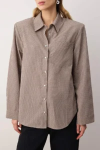 TRENDYOLMİLLA Beige-Multicolored Checkered padded Wide Cuffed Oversized Shirt - Image 3