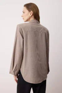 TRENDYOLMİLLA Beige-Multicolored Checkered padded Wide Cuffed Oversized Shirt - Image 4