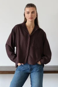 TRENDYOLMİLLA Brown Striped Oversized Weaving Shirt