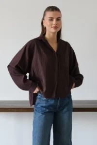 TRENDYOLMİLLA Brown Striped Oversized Weaving Shirt - Image 2