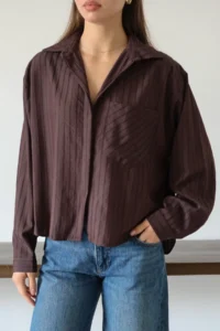 TRENDYOLMİLLA Brown Striped Oversized Weaving Shirt - Image 3