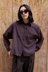 TRENDYOLMİLLA Brown Striped Oversized Weaving Shirt - Image 5