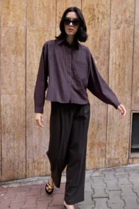 TRENDYOLMİLLA Brown Striped Oversized Weaving Shirt - Image 6