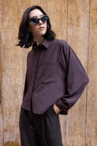 TRENDYOLMİLLA Brown Striped Oversized Weaving Shirt - Image 8