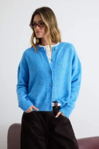 TRENDYOLMİLLA Wardrobe Essentials BLUE Alpaca Wool Blend Wide Pattern Knitwear Cardigan |