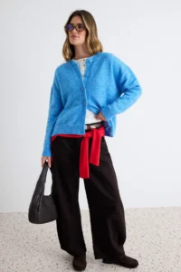 TRENDYOLMİLLA Wardrobe Essentials BLUE Alpaca Wool Blend Wide Pattern Knitwear Cardigan | - Image 2