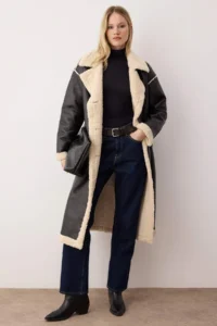 TRENDYOLMİLLA Black Double Sided Plush Mono Closure Oversized LONG Faux Leather Overcoat