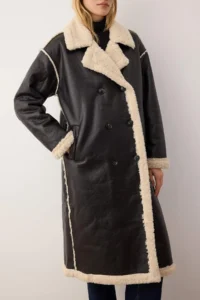 TRENDYOLMİLLA Black Double Sided Plush Mono Closure Oversized LONG Faux Leather Overcoat - Image 3