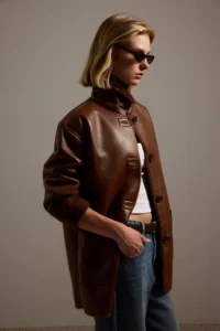 TRENDYOLMİLLA Brown Faux Leather Inside FURRY Mono Closure Oversized Midi Overcoat