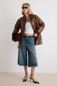 TRENDYOLMİLLA Brown Faux Leather Inside FURRY Mono Closure Oversized Midi Overcoat - Image 2