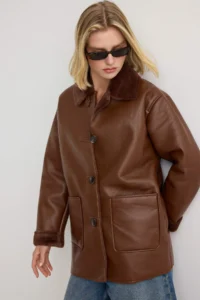 TRENDYOLMİLLA Brown Faux Leather Inside FURRY Mono Closure Oversized Midi Overcoat - Image 3