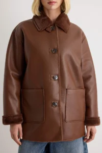 TRENDYOLMİLLA Brown Faux Leather Inside FURRY Mono Closure Oversized Midi Overcoat - Image 4