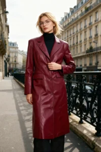 TRENDYOLMİLLA Burgundy Faux Leather Mono Closure Regular LONG Overcoat
