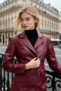TRENDYOLMİLLA Burgundy Faux Leather Mono Closure Regular LONG Overcoat - Image 2