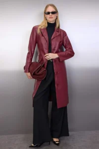 TRENDYOLMİLLA Burgundy Faux Leather Mono Closure Regular LONG Overcoat - Image 3