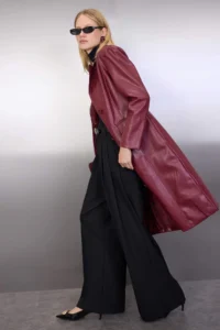 TRENDYOLMİLLA Burgundy Faux Leather Mono Closure Regular LONG Overcoat - Image 4